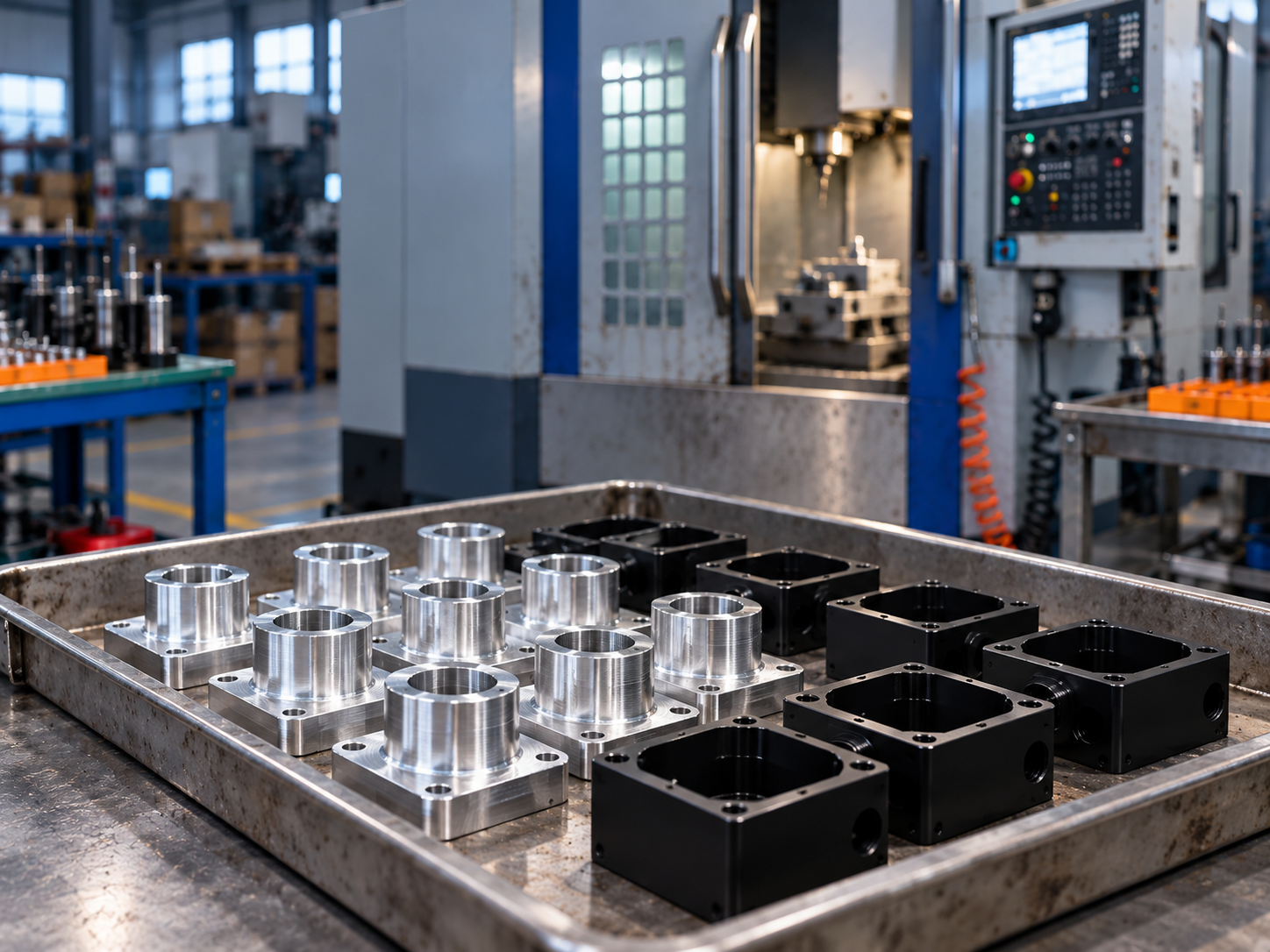 Small batch of machined and finished parts in a production tray